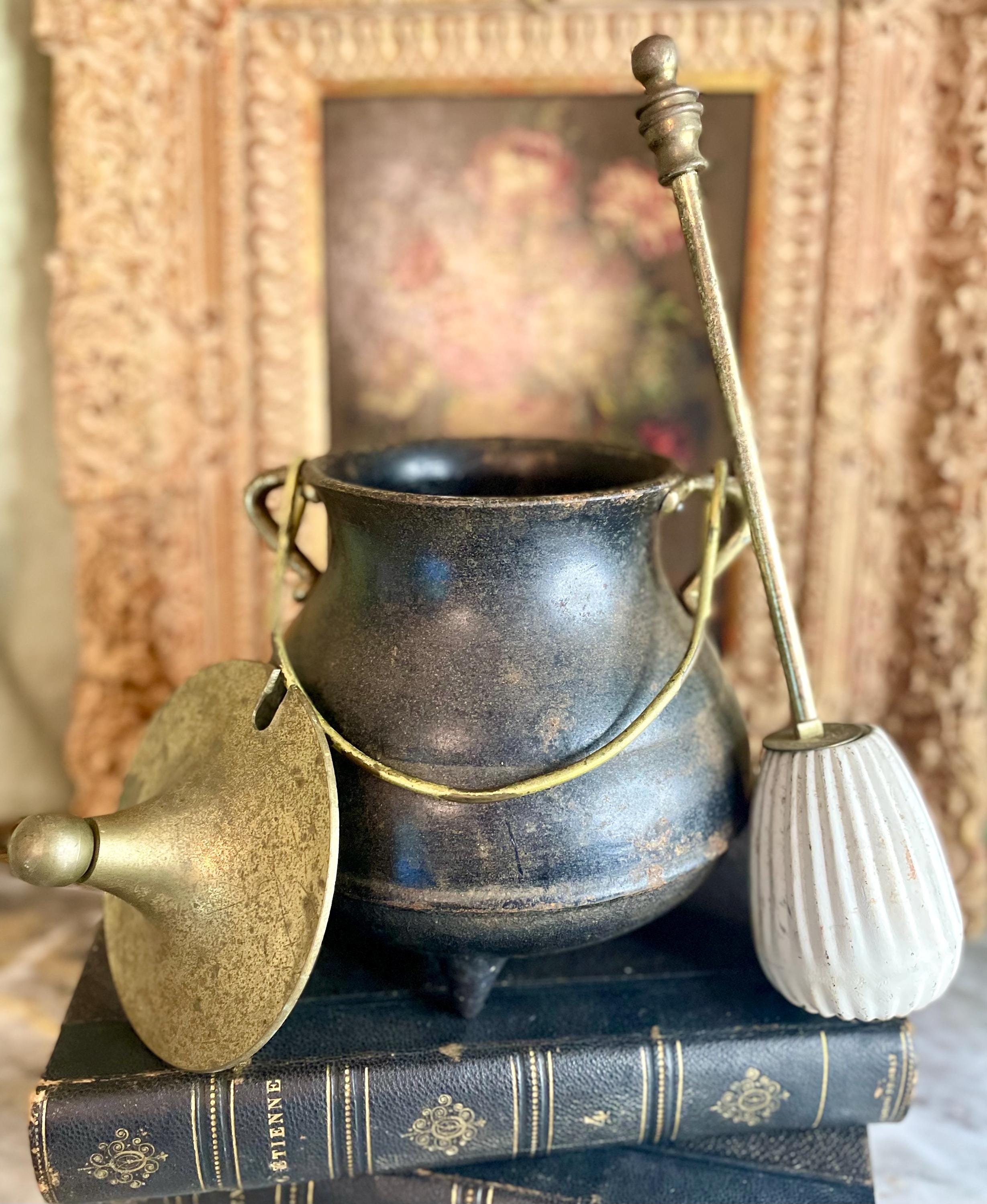 Antique Cast Iron Fire Starter with Brass Lid & Wand
