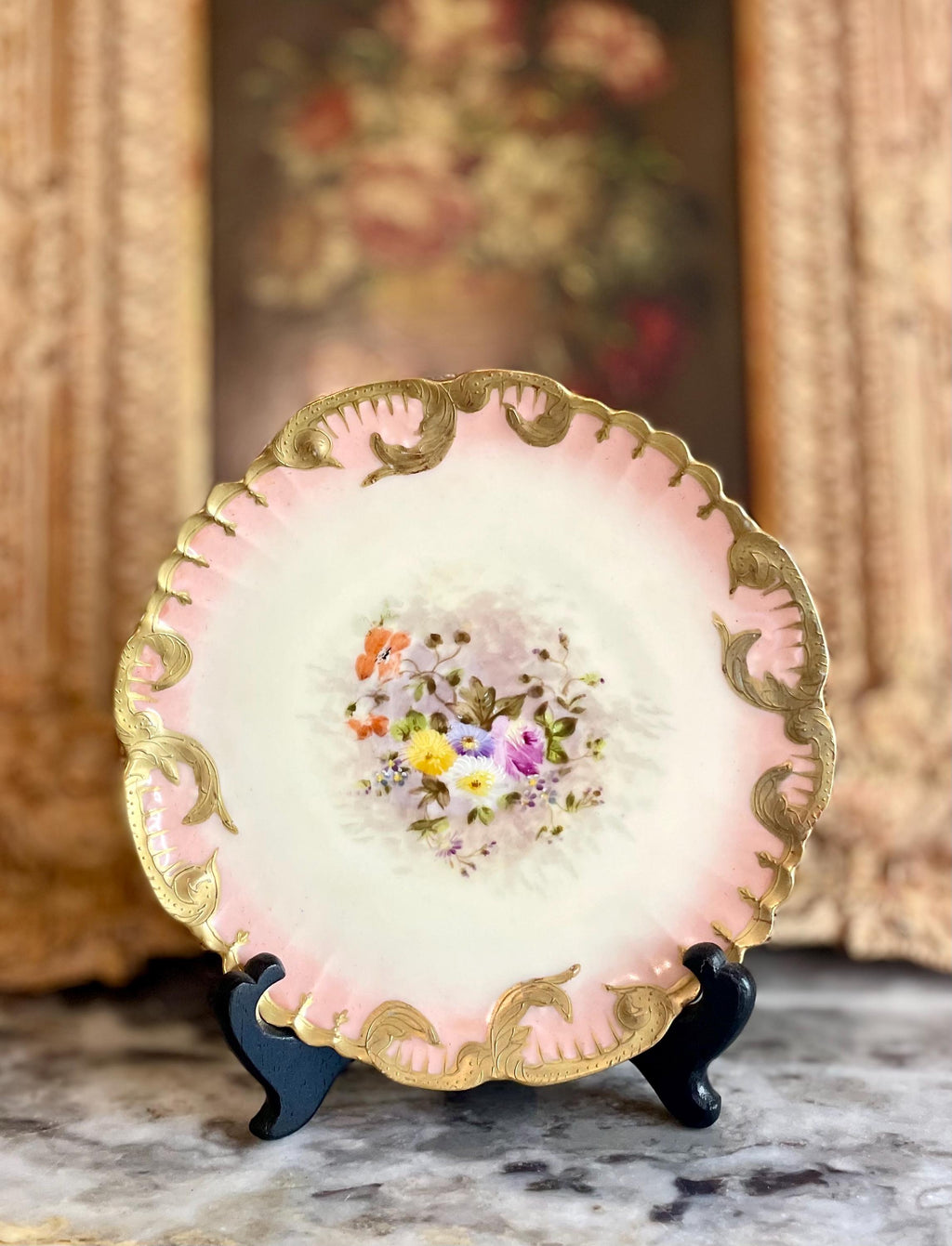 Antique Limoges Hand-Painted Porcelain Plate with Floral Bouquet & Gilded Trim