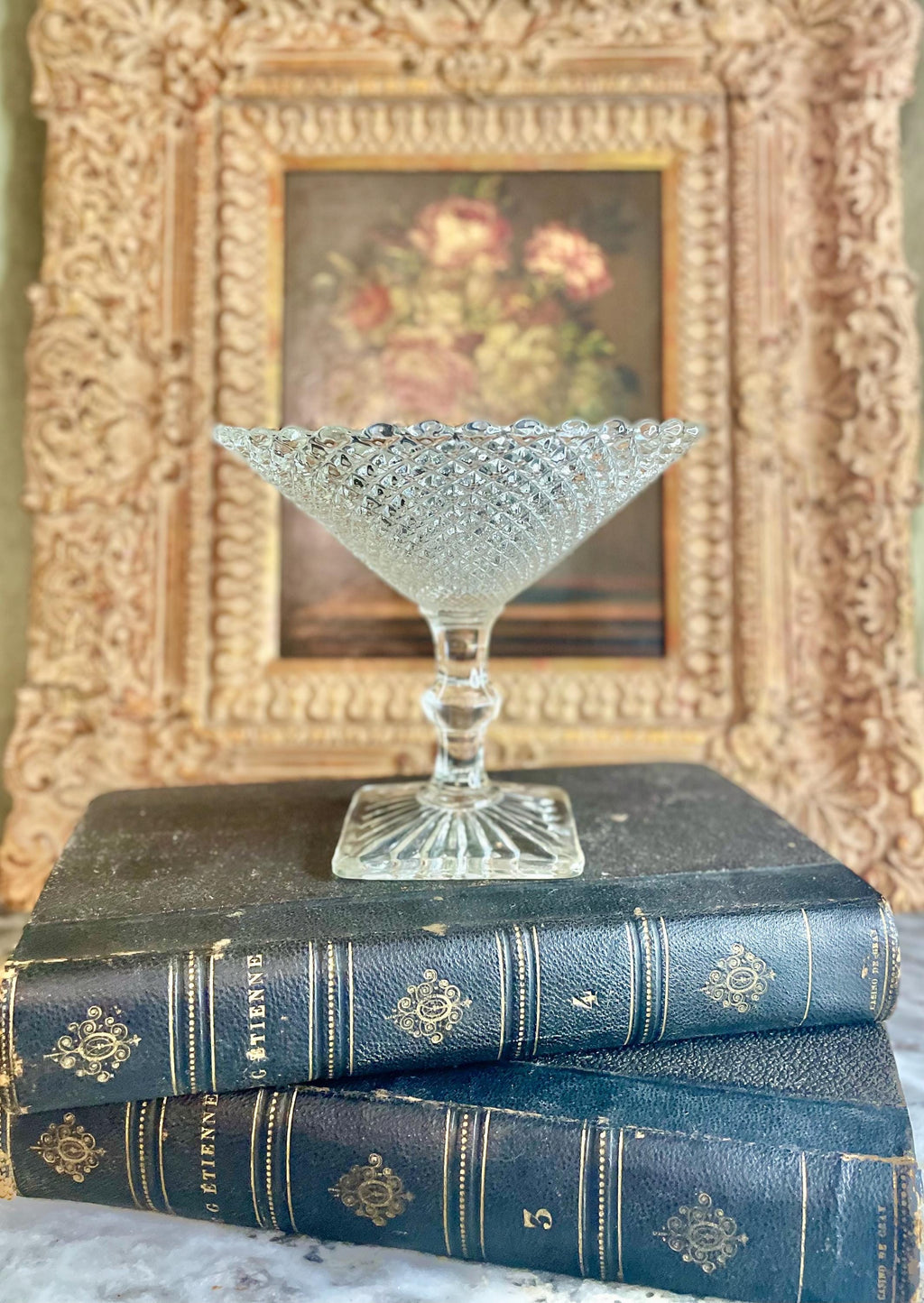 Vintage Anchor Hocking “Miss America” Pressed Glass Compote with Diamond Point Pattern