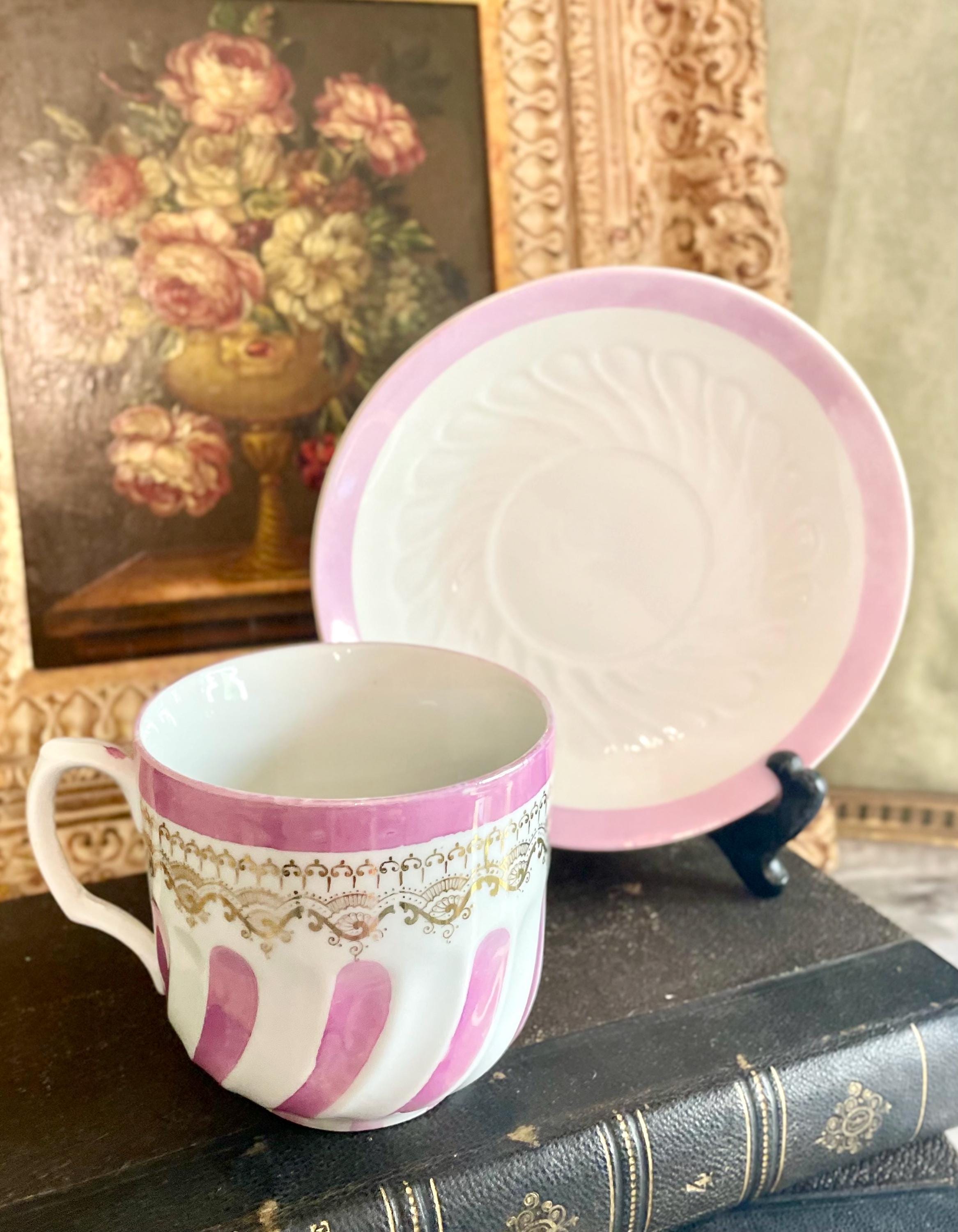 Vintage German Pink Lusterware Cup & Saucer with Gold Gilt Detailing