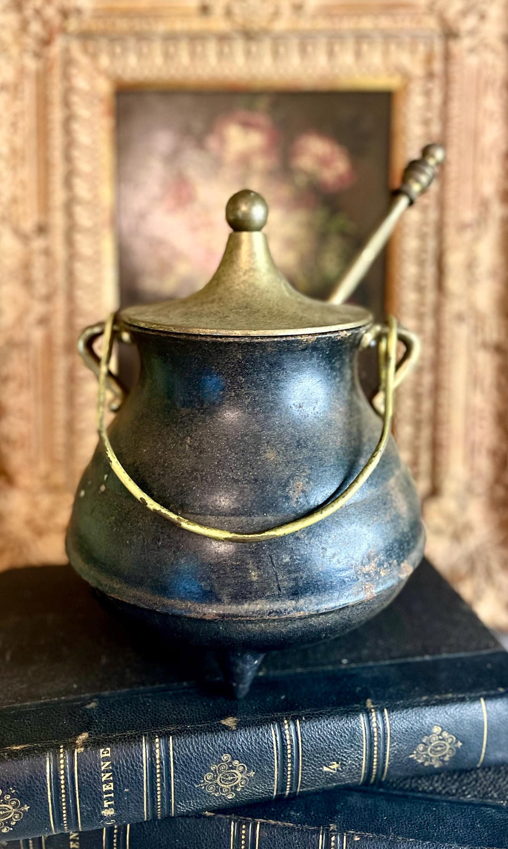 Antique Cast Iron Fire Starter with Brass Lid & Wand