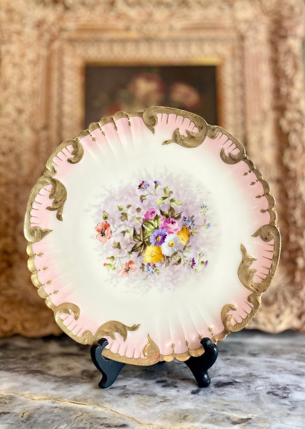 Antique Limoges Hand-Painted Porcelain Plate with Floral Bouquet & Gilded Trim