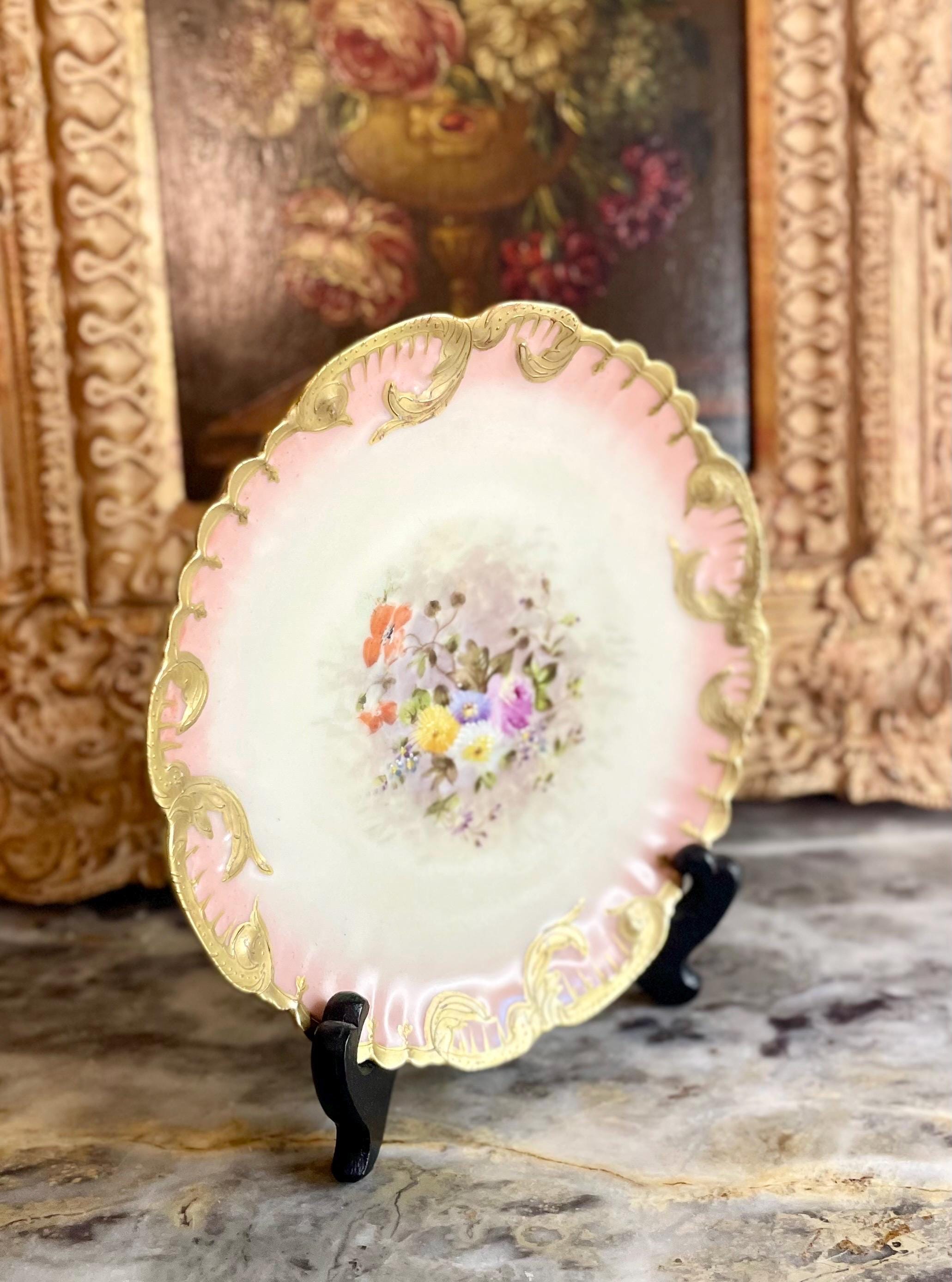 Antique Limoges Hand-Painted Porcelain Plate with Floral Bouquet & Gilded Trim