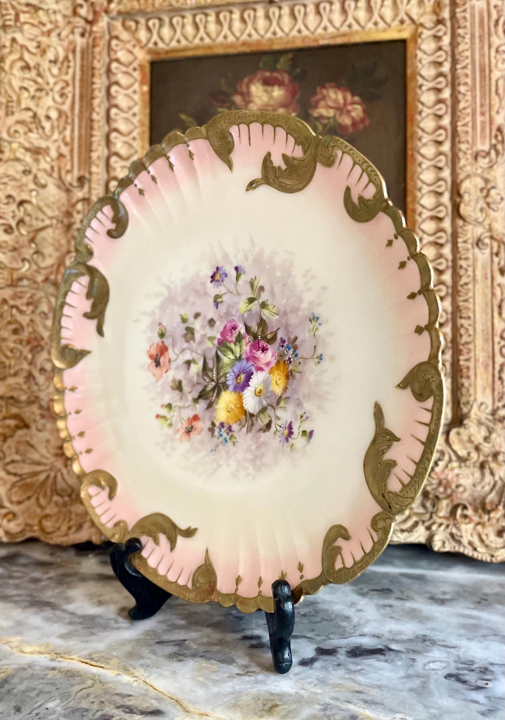 Antique Limoges Hand-Painted Porcelain Plate with Floral Bouquet & Gilded Trim