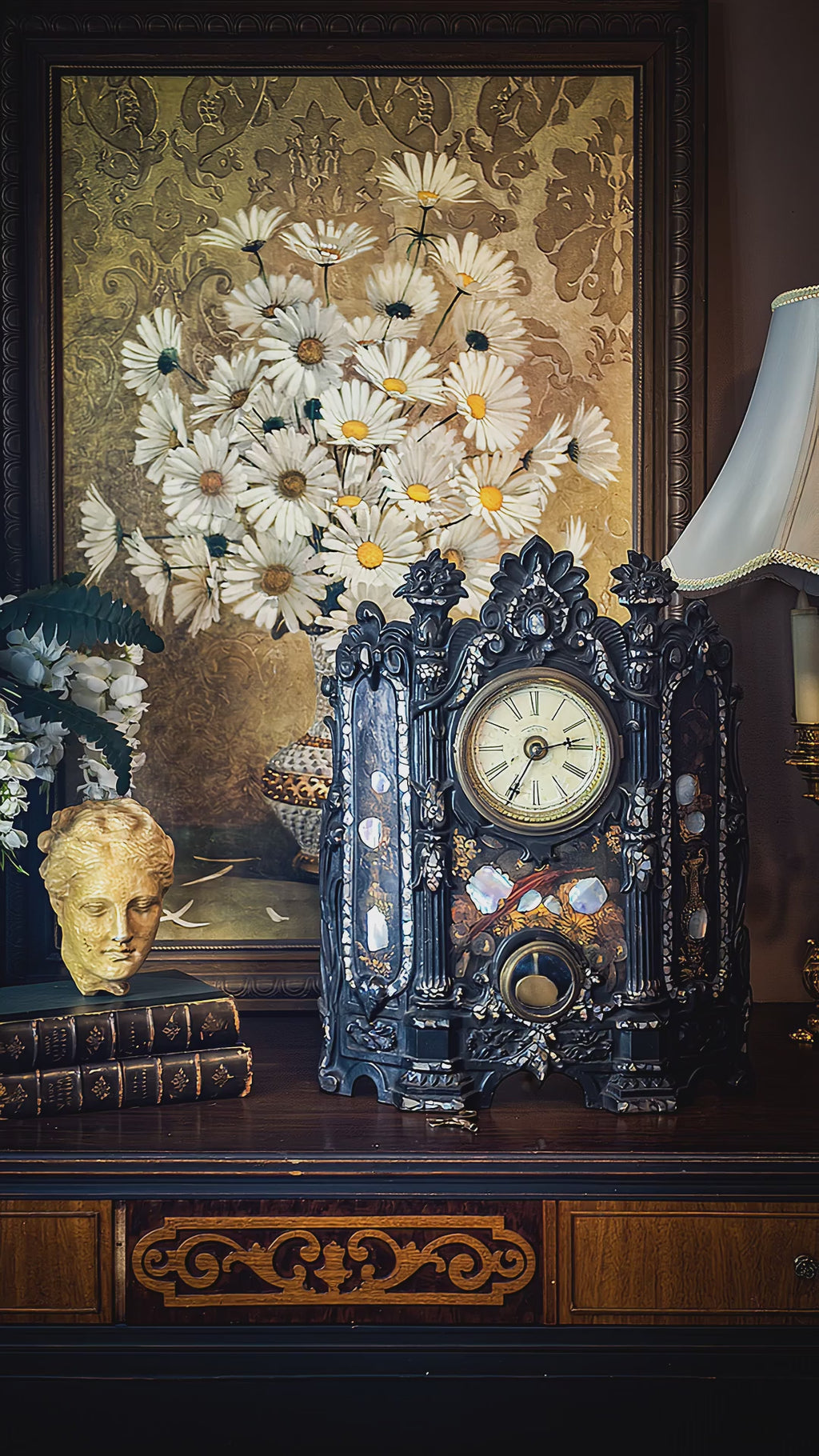 Antique 19th Century Terhune & Edwards Gothic Revival Mother-of-Pearl Mantel Clock